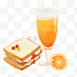 橙汁饮料瓶装图片_手绘水彩早餐奶油切片面包橙汁手