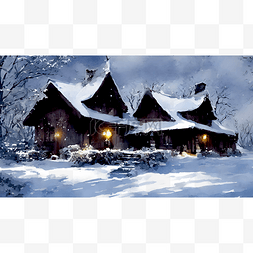 雪夜中的小屋水墨