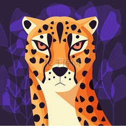 手画像图片_紫色背景下美丽猎豹的彩色画像。