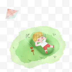 放风筝躺草地上的小男孩