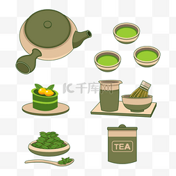 米色和绿色拼色的日本茶壶和杯