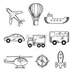 旅行和运输图标，包括飞机、热气球、公共汽车、卡车、汽车、指南针、直升机、油轮和太空船。