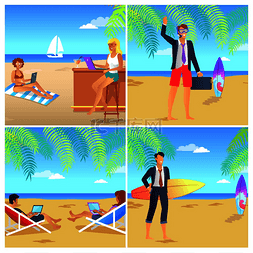 海滩上的风景图片_四张彩色海报，上面印有商人在海
