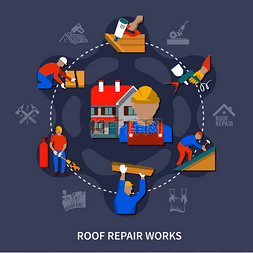 维修工具矢量图图片_带有屋顶维修工程和不同类型工作