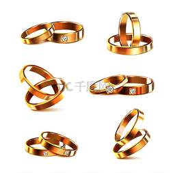 六对金色优雅的结婚戒指装饰着钻