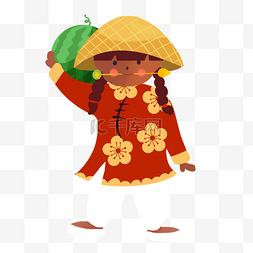 大暑习俗图片_穿着红色传统服装扛着西瓜的越南