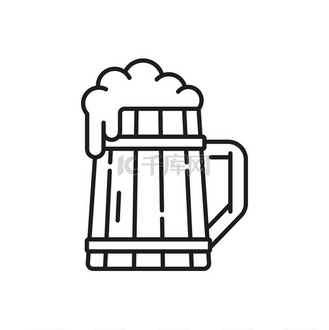 木制马克杯的德国磨砂啤酒隔离酒精饮料轮廓图标啤酒节节日标志带有泡沫的苹果酒饮料淡黑色淡啤酒带把手的木制玻璃杯啤酒厂产品一杯冰霜深色浅色啤酒隔离轮廓图标