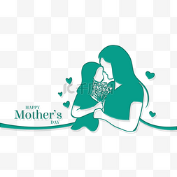 母亲节剪影线稿图片_绿色子女献花母亲抽象线稿母亲节