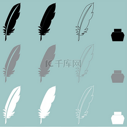 复古桌子图形图片_羽毛和墨水瓶不同的图标.. 羽毛和