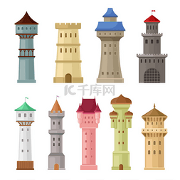 Set of old castle towers. Vector illustration