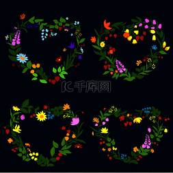 草花图标图片_花卉心形框架与五颜六色的野花、
