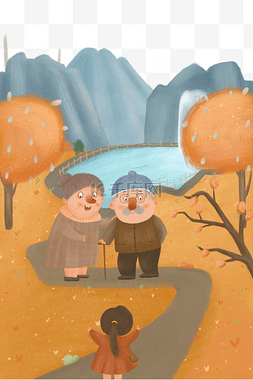 重阳节陪伴老人爬山登高秋季风景