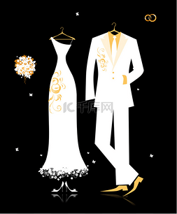 婚礼新郎西装和新娘的礼服白色黑