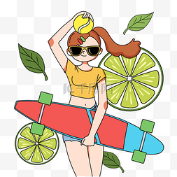 人物夏天海边图片_夏天夏季描边人物滑板女孩