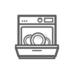 金属洗碗机图片_带有开门矢量细线图标的洗碗机厨