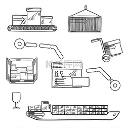 物流货船图片_航运和送货服务素描图标与货船、