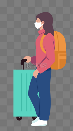 背行李箱图片_开学季大学生戴口罩背书包手提行