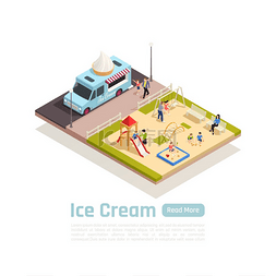 冰淇淋摊位图片_等距街车卡车彩色构图冰淇淋卡车