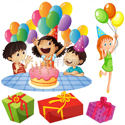 孩子们在生日聚会上用气球和礼物