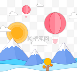 山水风景剪纸热气球