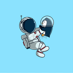 可爱的宇航员飞起来，拥抱企鹅。
