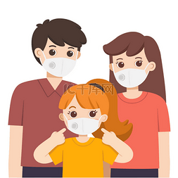 卡通父母孩子图片_父母和孩子都戴着医疗面具卫生面