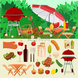 烧烤野餐图片_矢量图家庭野餐。夏天，春天的烧