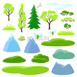 丘陵地锚图片_春天的树木、山脉和丘陵。