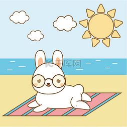 可爱兔子晒日光浴。卡哇伊兔子在
