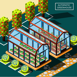 农业温室图片_农业机器人等距海报与两个玻璃自