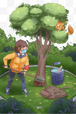 植树节给树浇水铲土的女孩