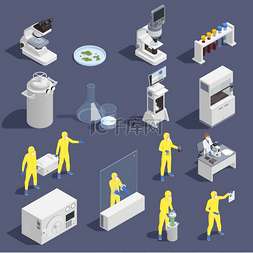 装饰灰色图片_微生物学等距图标设置有实验室设