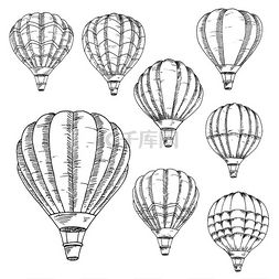 素描热气球图片_素描飞行的热气球复古雕刻风格与