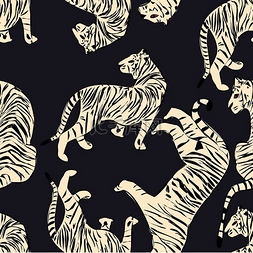 手绘老虎无缝图案，不同位置的大