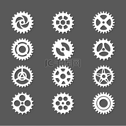 工程机械标志图片_带有阴影的白色齿轮图标集。