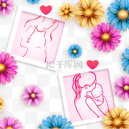 剪影相框图片_母亲节各色花卉粉色相框剪影
