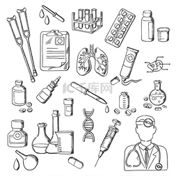 dna人图片_医生素描与听诊器、药丸、注射器