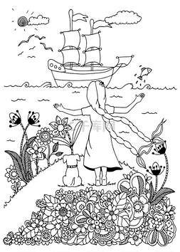 矢量插图zentangl，女孩和狗满足船