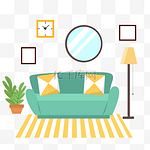 客厅房间起居室扁平风格墙上的画与家具地毯