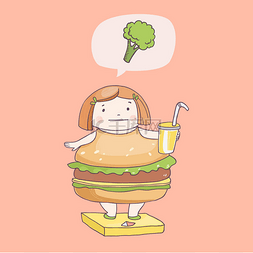 吃垃圾的图片_卡通胖女孩在形状的汉堡包 