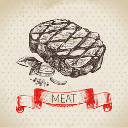 西餐厅菜单封面图片_肉品手绘草图矢量复古里贝牛排插