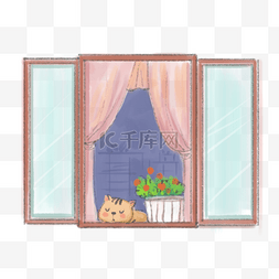 窗户窗帘猫咪盆栽