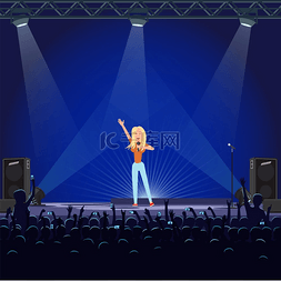 台上唱歌图片_女孩在蓝色舞台上用麦克风唱歌，