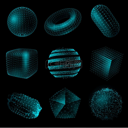 几何形状三维技术样式图标集蓝色