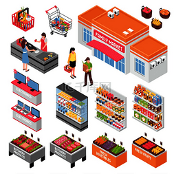 超市篮子图片_超市等距集与食品和电子符号孤立