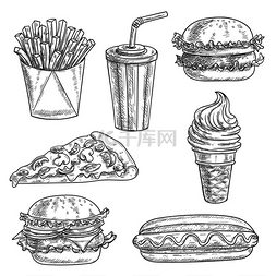汉堡披萨菜单图片_快餐铅笔素描小吃、甜点、饮料。