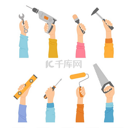 扳手和手图片_手用工具扳手、钻头、刷子和锤子