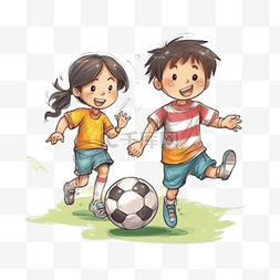 踢足球插画图片_卡通水彩儿童踢足球