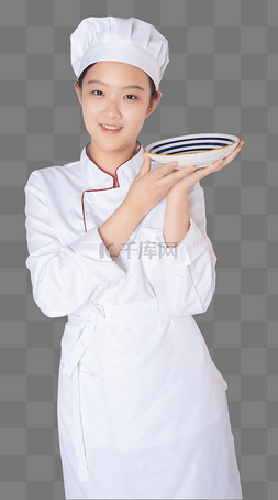 女厨师人物图片_年轻女厨师双手端盘子