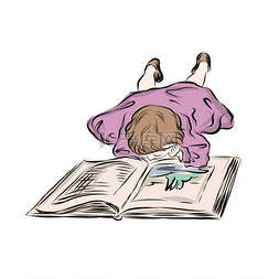  躺着看书的小女孩。幼儿学龄前. 